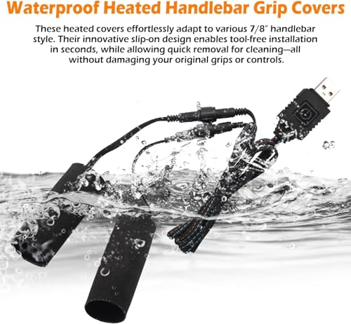 TECTICO 12V Motorcycle Heated Grip Covers,IP67 Waterproof, USB Powered 5 Temperature Settings,Universal for 12V ATV Motorcycle Hand Grip with Temperature Adjustable & Fast Heating