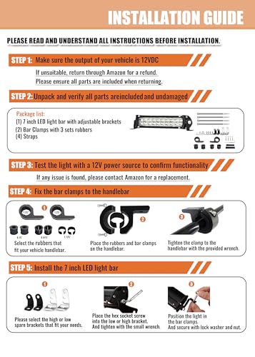 7 Inch Dirtbike Light Bar Kit, 60W 6000lm Motorcycle Pit Bike Off Road Riding LED Headlight with Handlebar Clamps and Rubbers, Fits for 7/8" Handlebars CRF XR TTR KLX MTB - color: 7 Inch + Bike Bar Clamps