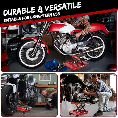 1200 LBS Motorcycle Lift, Dirt Bike Scissor Jack Lift Table with Hand Crank & Caster Wheels, 4.7"-15.4" Height Adjustable Center Hoist Stand for ATVs, Cruiser, Touring Motorcycles