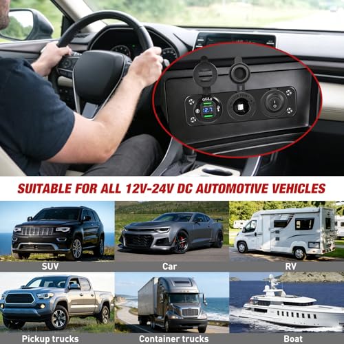 Nilight 4 in 1 Charger Socket Panel Dual QC3.0 USB with LED Voltmeter Display and Cigarette Lighter Power Cutoff Switch for CarsTrucks UTV ATV - color: Dual USB w/Switch
