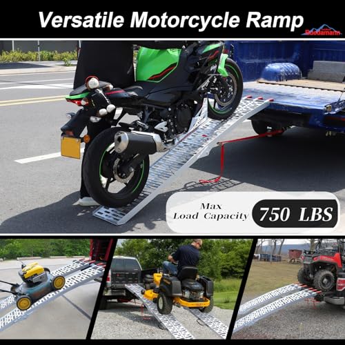 Ruedamann 7.5FT Aluminum Motorcycle Ramp, 750 lbs Capacity, Folding Truck Ramp for ATV, Motorcycle, Lawn Mower, Dirt Bike, Ribbed Plate Traction, Rubber-Tipped Fingers, Load Straps Included, 1 PC