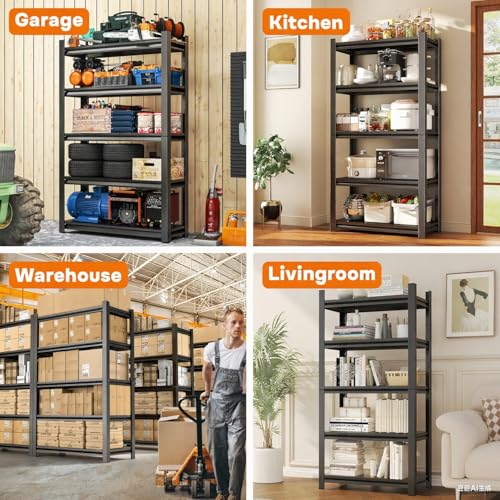 5-Tier Garage Shelving Heavy Duty, 40"W Metal Storage Shelves, 3000 lbs, Adjustable 20 Inch Deep Steel Shelf Rack for Industrial Warehouse Basement, Black, 63" H - size: 5 Tier | 63" H x 40" W x 20" D