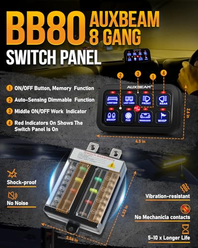 Auxbeam 8 Gang Switch Panel BB80 Universal Circuit Control Relay System Automatic Dimmable LED Switch Control Panel Switch Pod Touch Switch Box for Car Truck Offroad ATV SUV - Blue, 3 Years Warranty - size: 8 Gang (Both-Sided Output), style: Blue (Without