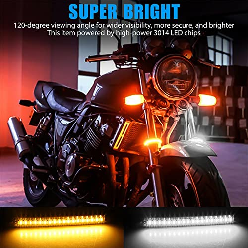 2Pcs Motorcycle LED Fork Turn Signal Blinkers Strip tail Lights Bars kit Lamps Daytime running lights Flexible Switchback Dual-Color White & Amber lights Universal Fit Motorbike (39mm-70mm)
