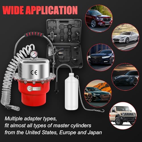 JIFETOR 5L Pneumatic Brake Pressure Bleeder Kit, Air Power Pressurized Master Cylinder Clutch Fluid Bleeding Tool Set with Bleed Machine, Collection Bottle and Adapters, Red Cylinder - color: Red Cylinder