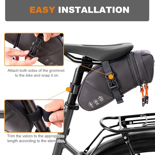 NDakter Bike Seat Bag, Expandable Bicycle Saddle Bag Under Seat, Waterproof Reflective Cycling Seat Pouch for Mountain Road Commuter & Ebikes, 1.5-2L Bike Tool Storage Pack