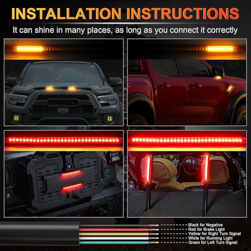 LivTee Universal 8" Flexible LED Light Strip with Tail Brake Stop Turn Signal Lights All-in-one for Motorcycle Scooter Quad Cruiser Off Road, Red/Amber - color: Rear