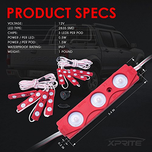 Xprite Red LED Truck Bed Light Kits Rock Lights with On/Off Switch, for Pickup Footwells, Running Boards, Cargo, Under Car, Tonneau Cover, Rail Lighting - color: Red