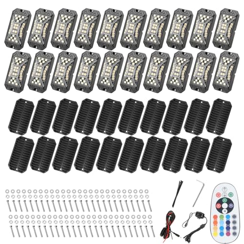 SUNPIE 20 Pods RGBW Rock Lights – Full Beam Angle, 30 High Power Chips, Aluminium Housing, Mounting Pads Included, IP67 Waterproof, Music Mode Underglow Lights, Fits Trucks, SUV, ATV, UTV, Boats - size: 20Pcs