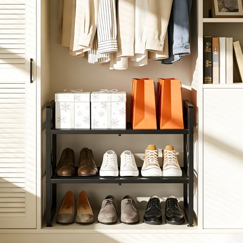 ELYKEN Shoe Rack, 2-Tier Expandable Shoe Organizer for Closet, Metal Black Shoe Shelf with 4 Hooks, Adjustable Shoe Stand Holder for Entryway, Garage, Door Entrance - size: 2-Tier