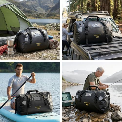 HOMIEE 40L Waterproof Duffel Bag, Waterproof Motorcycle Dry Travel Bag Tail Bag with Roll Top Closure & Shoulder Straps Outer Mesh Zipper Pocket for Camping, Kayaking, Fishing & Traveling - color: Black