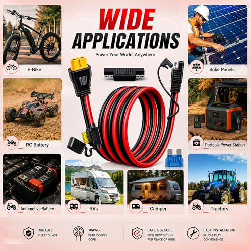 XT60 to SAE Connector, 10AWG XT60 Connector Extension Cable with Inline Fuse 15A/20A, Heavy Duty Pure Copper Female XT60H Adapter Power Cable for Solar Generator, Battery Terminals, Car Charging, RC - size: 10FT