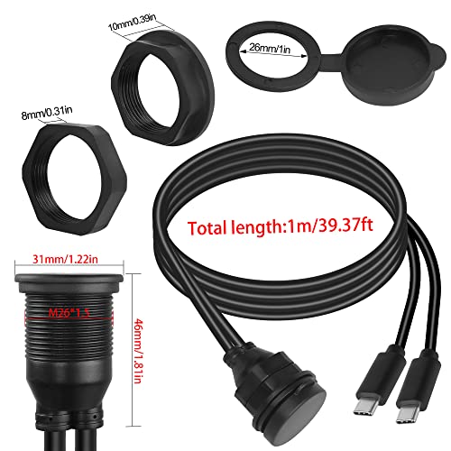 QIANRENON Dual USB C Threaded Flush Mount Waterproof Cable 10Gbps 2 USB C 3.1 Male to Female Panel Mount Extension Cable Support 4K@60HZ Audio and Video Transmission 1m/3.3ft