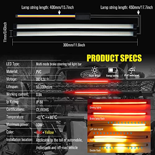 YEORO 11.8'' Universal Motorcycle LED Tail Light Strip, 3 in 1 Fuctions DRLs Brake Light Red & Turn Signal Light Amber 108 LEDs Flexible Strip for Motorcycle,Car,ATV.