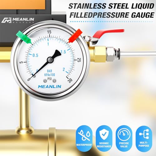 MEANLIN MEASURE 0~30Psi Liquid Filled Pressure Gauge 1/4" NPT 2.5" FACE DIAL Stainless Steel Glycerin Filled WOG Water Oil Air Back Mount (with 2PCS Snaps) - size: 0-30Psi