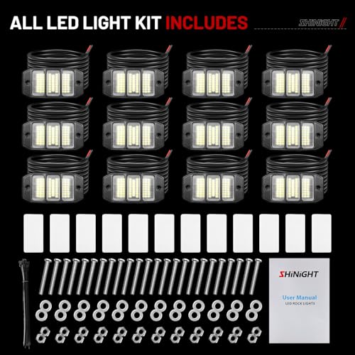 SHINIGHT 12PCS White Rock Lights, Super Bright Pure White 6000K Rock Lights for Trucks,72 SMD LED Chips Each Light,3M/9.84FT Extension Wires,Waterproof IP68 Underglow Lights for ATV UTV Cars Boats - size: 12 Pods
