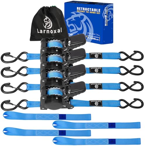 Retractable Ratchet Straps 4 Pack - 1,500 Lbs Break Strength 1 in x 10 Ft Heavy Duty Retractable Ratchet Tie Down Straps with S Hooks Set for Truck, Cargo Van, Trailer, Motorcycle (Blue) - color: Blue
