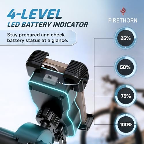 FIRETHORN Bike Phone Holder with Built in Rechargable Battery 5000 mAh - Motorcycle Mount, Handlebar Cell Phone Clamp, Scooter Clip, 4.7 to 6.8" Phone Types - iPhone 17, 16, 15 Plus, S20, Smartphones