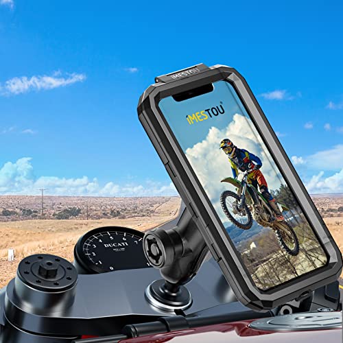 iMESTOU Waterproof Motorcycle Fork Stem Phone Mount Case 1" Ball Bike Phone Holder Anti-Theft with B Size Double Socket Arms Aluminum Ball Base for 5.5"-6.8" Cellphones (L)