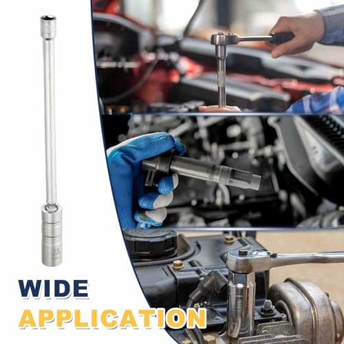 HARFINGTON 2pcs Spark Plug Socket Set 3/8" Drive 18mm Swivel Magnetic 12 Point Long Thin Wall Spark Plug Socket with 360 Degree Swivel CR-V Steel, Silver - size: 18mm