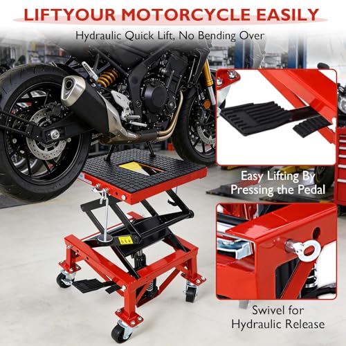Hydraulic Motorcycle Lift Table, 350 lbs Capacity Scissor Jack Lift with Wide Deck, J-Hooks, 4 Wheels, Foot-Operated Jack Stand for ATV Dirt Bikes (Red) - color: Red