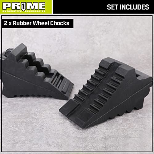 Prime 1 PR1ME Heavy Duty Rubber Wheel Chocks, Rubber Tire Blocks, RV Solid Rubber Wheel Wedge Blocks, 2 Pack Black 8.6" x 3.7" x 4.7", Carrying Handle, for Travel Trailer, Camper, RV, Truck