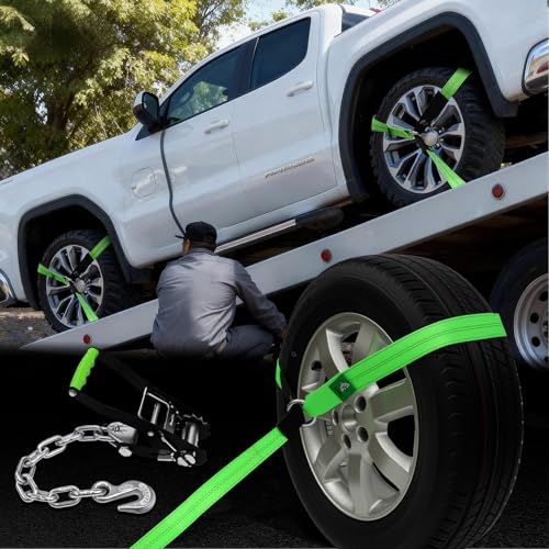 4 Pack Car Tie Down Straps for Trailers - 2" x 8' Heavy Duty Tire Straps with Chain Anchors - 10,000lbs Break Strength, Adjustable Lasso Style Wheel Straps for Hauling Cars, Truck, UTV(Green) - style: Chain Anchors