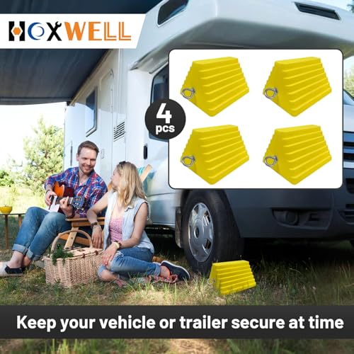 HOXWELL Premium 4 pcs Heavy Duty Wheel Tire Chocks, Vehicle Chocks with Eyebolt for Travel Trailers, Camper, Truck, Car and ATV 4 Pack, Yellow - color: Yellow-4 pcs