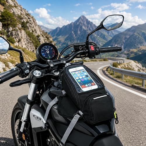 Motorcycle Tank Bag with Phone Holder, Magnetic & Strap Mount Motorcycle Tank Bag for Plastic/Metal Gas Tanks, Waterproof Touchscreen Tank Bag Fits Phones Under 6.3”, Riding Storage Bag