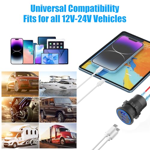 2 Pack USB C Car Charger Socket 12V USB Outlet, 78W Dual 30W PD and 18W QC3.0 Multi Port Cylinder Charger with Button Switch Waterproof for Car Boat RV Marine Golf Cart Truck Bus Motor etc. - color: 2 pack