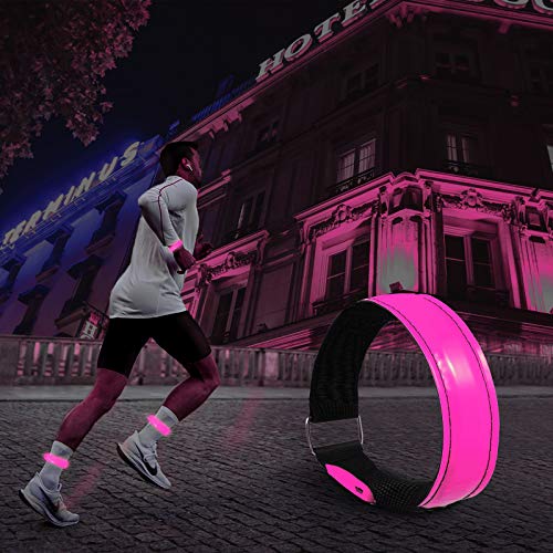 2 Pack Rechargeable LED Reflective Armband, High Brightness High Visibility Night Safety Light Band, Wearable Flashing LED Gear for Running, Walking, Biking and Outdoor Activities - color: L Pink