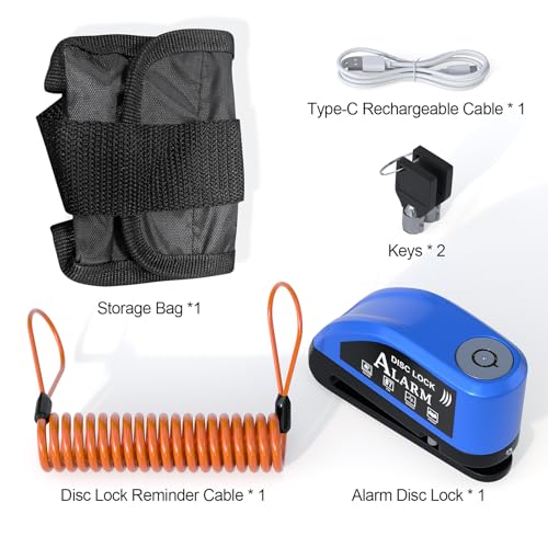 JAGASOL Motorcycle Lock Rechargeable, Alarm Disc Brake Lock with Reminder Cable, 110 dB Alarm Sound, Anti-Theft Waterproof, 2 H Fast-Charging, 9 Months Standby, 7 mm Lock Pin Universal for Bikes
