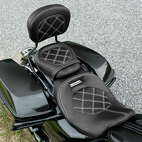 SLMOTO Motorcycle Seat with Sissy Bar Tour Trunk Pad Fit for Harley Davidson Touring Road King Street Glide Road Glide Tri-Glide 2014-2023 Trike 2010-2023 CVO Custom Bikes - color: GEL White