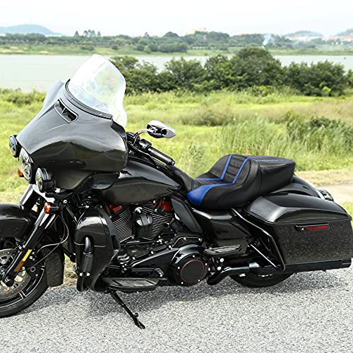 C.C. RIDER Blue Motorcycle Seat - Driver Seat Cushion Rally Stripe Tuck and Roll fit for Harley Touring Road King Street Glide Road Glide Electra Glide 2009-2023 - color: Black Blue