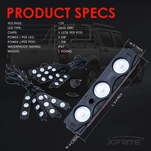 Xprite White Truck Pickup Bed Light Kit, 24 Led Cargo Rock Lighting Kits w/Switch for Van Off-Road Under Car, Side Marker, Foot Wells, Rail Lights - 8 PCS - color: White