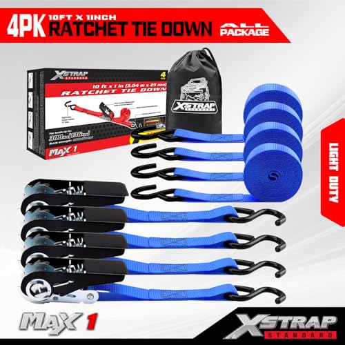 XSTRAP STANDARD Ratchet Tie Down Straps 4 Pk 10 Ft- 300 Lbs Load Cap- 900 Lbs Break Strength-Cargo Straps for UTV, ATV, Pickup,Truck, Moving Appliances, Lawn Equipment, Blue - color: Blue, size: 4pk 1inchx10ft