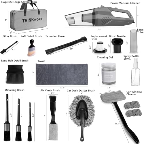 THINKWORK Car Cleaning Kit, Car Vacuum Kit, Gray Car Interior Detailing Kit with 8000PA High Power Vacuum, Including 7Pcs Detailing Brush Set and Bag - color: Gray(20pcs)