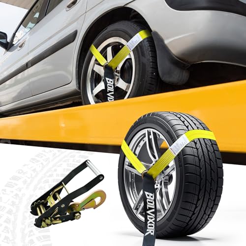 4 Pack Car Tie Down Straps for Trailers - 2" x 96" - 9900LBS Break Strength - Tire Ratchet Strap with Snap Hooks - Adjustable Wheel Straps for Hauling UTV, SUV, Truck, Any Cars - color: Yellow