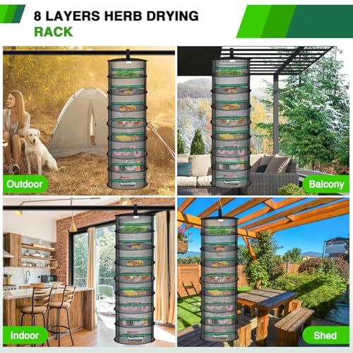 Yesker 8 Layer Herb Drying Rack Hanging Mesh Net Foldable Plant Drying Racks 24" Diameter with Green Zipper & Hook Dryer Hanging Rack for Herbs Seed Bud Fruit Clothes Grow Tent Closets Garden Outdoor - size: 8 Layers Fluorescent Green & Black with Hook