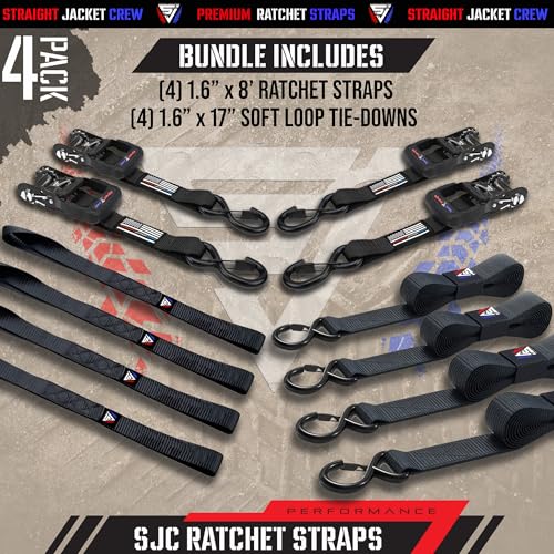 Ratchet Straps Tie Down Kit Incl. (4) Heavy Duty Rachet Tiedowns (1.6" x 8') with Coated S Hooks + (4) Soft Loop Tie-Downs (17") - 5,208 Total Break Strength by Straight Jacket Crew (Black) - color: Black, size: 1.6" x 8'