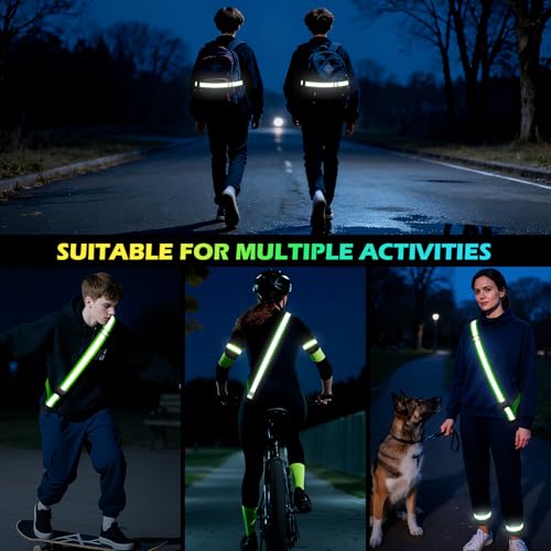 Reflective Walking Gear at Night, High Visibility Safety Reflective Sash Belt and 2-Pack Armband Set, Night Running Safety Gear for Women Men Kids - color: Green
