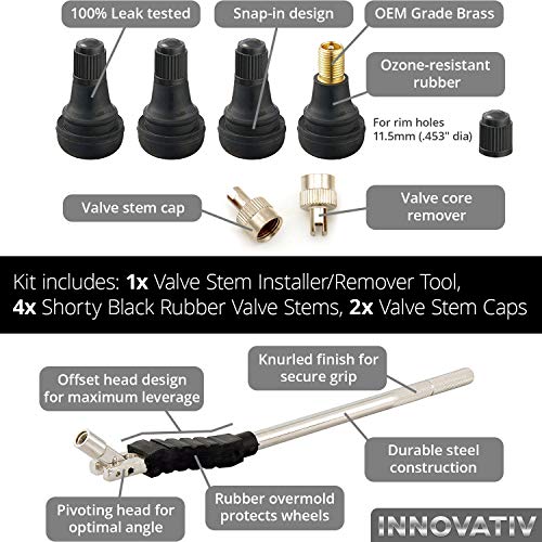 Tire Valve Stem Tool Remover & Installation - 4x Shorty BRASS Core Valve Stems, EASILY REPLACE Your Old Tubeless Valve Stems, 2x Valve Core Remover Caps, Removal & Installer Replacement Kit, OEM Grade
