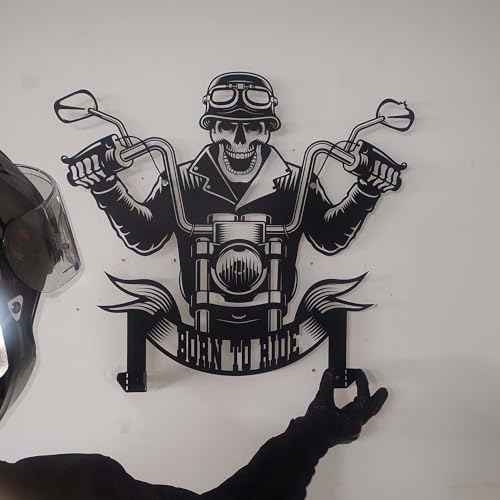 Handmade Metal Skull Wall Decor Hanger – “Born To Ride” Motorcycle Helmet and Jacket Rack – Black Steel Wall Art, Gift Harley Garage, Bikers and Motorcycle Lovers (52X59cm/20X23 Inches) - size: 52X59cm/20X23 Inches