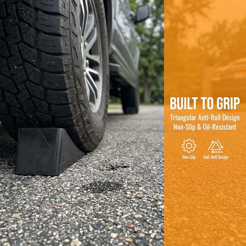 Fasmov 2 Pack Solid Rubber Heavy Duty Wheel Chock, Premium Chock for Car, Travel Trailers, RV, Truck, and ATV - size: 2 Pack