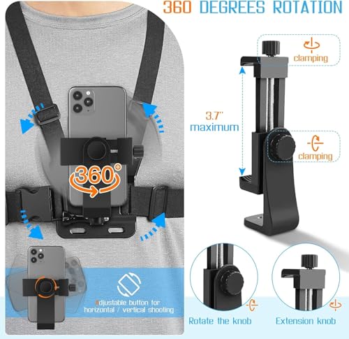 Mobile Phone Chest Strap Harness Mount Head Strap Holder Kit for POV/VLOG,Cell Phone Clip Compatible with iPhone,Samsung,GoPro Hero 9, 8,7, 6, 5, 4, 3,2, 1,AKASO,DJI Osmo,and Action Cameras…