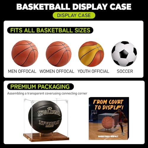 Basketball Display Case Acrylic Clear 10" Full Size with Solid Wood Base, UV Protected Soccer Display Stand Box for Autographed Standard NBA WNBA Ball Memorabilia Keepsake Ideal Gift Athlete - size: 13.6ln×12.4ln×1.6ln