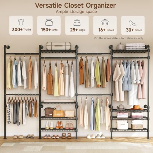 ONBRILL H4 Wall Mounted Closet System, Expandable Industrial Pipe Clothes Rack Clothing Rack for Hanging Clothes, Heavy Duty Closet Organizers and Storage in Wardrobe Closet - color: Black