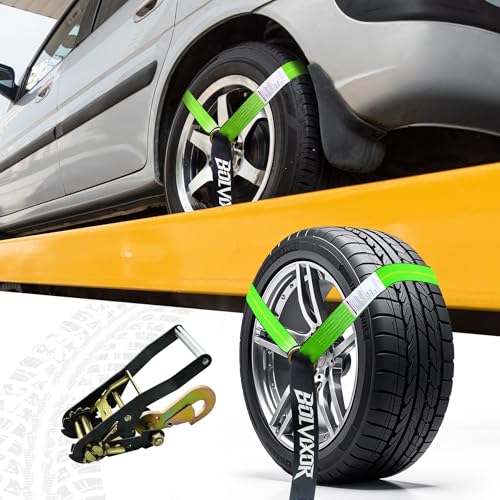 4 Pack Car Tie Down Straps for Trailers - 2" x 96" - 9900LBS Break Strength - Tire Ratchet Strap with Snap Hooks - Adjustable Wheel Straps for Hauling UTV, SUV, Truck, Any Cars - color: Green