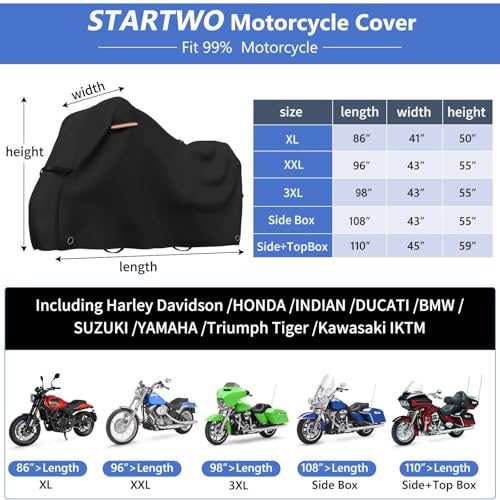 STARTWO Motorcycle Covers Waterproof Outdoor Storage for Harley Davidson Touring Models with Side+Top Box Ultra Limited,Road Glide Limited, Gold Wing,Road Master 110"x45"x59" Black - size: Side+Top Box