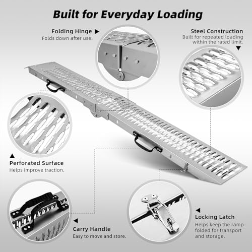Folding Motorcycle Loading Ramp for Pickup Truck & Trailer, 485 lb Steel Ramp with 2 Dual-Hook Ratchet Straps, Carry Handle and Locking Latch, Dirt Bike Ramp, 72.7" x 8.9", 1 Pack - size: Perforated Surface - 1 Pack - 485 lb